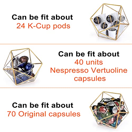 ELLDOO Gold Glass Coffee Pods Holder, 15 Sided Geometric Box Coffee Pod Organizer for K Cup Espresso, Tea Bags Sugar Packets Coffee Capsule Storage Holder for Kitchen Coffee Bar Office Desktop Counter