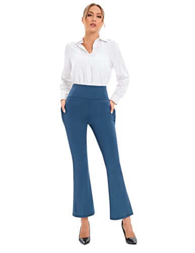 KOJOOIN Women's Dress Pants Straight Leg Flare Pant Lightweight High Waist Tummy Control Work Pants with Pockets Blue