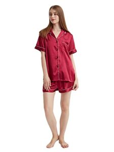 honypove silk satin pajamas for women super soft short sleeve womens pajamas sets button-down sleepwear pj sets (small, wine red)