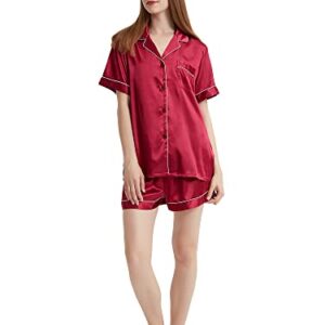 Honypove Silk Satin Pajamas for Women Super Soft Short Sleeve Womens Pajamas Sets Button-Down Sleepwear Pj Sets (Small, Wine Red)