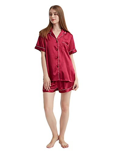 Honypove Silk Satin Pajamas for Women Super Soft Short Sleeve Womens Pajamas Sets Button-Down Sleepwear Pj Sets (Small, Wine Red)