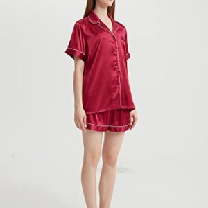 Honypove Silk Satin Pajamas for Women Super Soft Short Sleeve Womens Pajamas Sets Button-Down Sleepwear Pj Sets (Small, Wine Red)