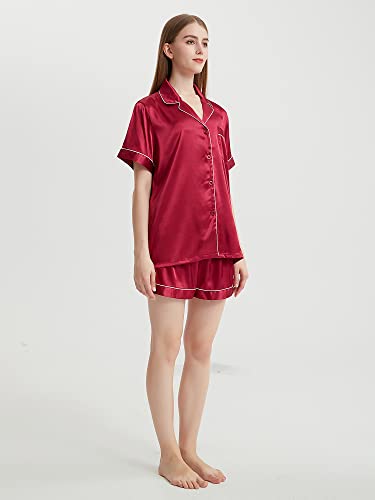 Honypove Silk Satin Pajamas for Women Super Soft Short Sleeve Womens Pajamas Sets Button-Down Sleepwear Pj Sets (Small, Wine Red)