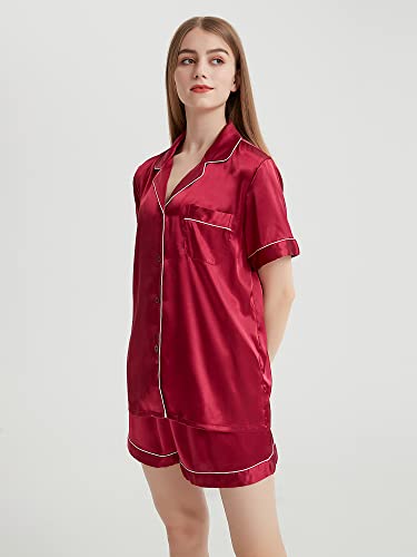 Honypove Silk Satin Pajamas for Women Super Soft Short Sleeve Womens Pajamas Sets Button-Down Sleepwear Pj Sets (Small, Wine Red)