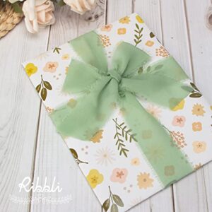 Ribbli Sage Green Chiffon Ribbon 1-1/2 inch x 20 Yard, Handmade Fringe Chiffon Ribbon for Gift Wrapping, Silk Ribbon for Wedding Invitations, Bridal Bouquets Wrapping, Flower Arrangement Decoration