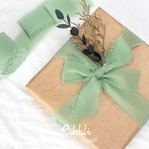 Ribbli Sage Green Chiffon Ribbon 1-1/2 inch x 20 Yard, Handmade Fringe Chiffon Ribbon for Gift Wrapping, Silk Ribbon for Wedding Invitations, Bridal Bouquets Wrapping, Flower Arrangement Decoration