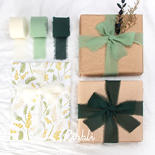 Ribbli Sage Green Chiffon Ribbon 1-1/2 inch x 20 Yard, Handmade Fringe Chiffon Ribbon for Gift Wrapping, Silk Ribbon for Wedding Invitations, Bridal Bouquets Wrapping, Flower Arrangement Decoration