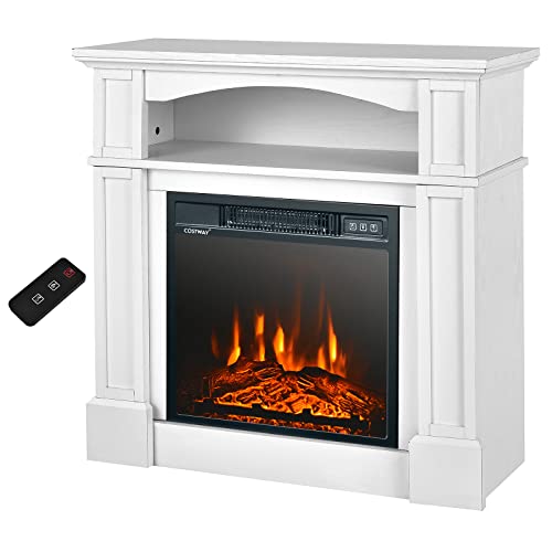 COSTWAY 32-inch Electric Fireplace with Mantel, Adjustable Freestanding Heater with Remote Control, Shelf, 3D Flame Brightness, Overheat Protection, Mantel Fireplace for Living Room, 1400W (White)