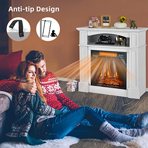 COSTWAY 32-inch Electric Fireplace with Mantel, Adjustable Freestanding Heater with Remote Control, Shelf, 3D Flame Brightness, Overheat Protection, Mantel Fireplace for Living Room, 1400W (White)