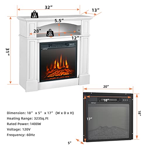 COSTWAY 32-inch Electric Fireplace with Mantel, Adjustable Freestanding Heater with Remote Control, Shelf, 3D Flame Brightness, Overheat Protection, Mantel Fireplace for Living Room, 1400W (White)