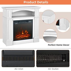 COSTWAY 32-inch Electric Fireplace with Mantel, Adjustable Freestanding Heater with Remote Control, Shelf, 3D Flame Brightness, Overheat Protection, Mantel Fireplace for Living Room, 1400W (White)