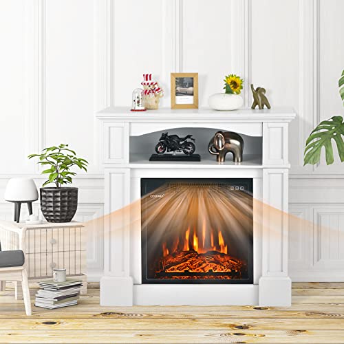 COSTWAY 32-inch Electric Fireplace with Mantel, Adjustable Freestanding Heater with Remote Control, Shelf, 3D Flame Brightness, Overheat Protection, Mantel Fireplace for Living Room, 1400W (White)