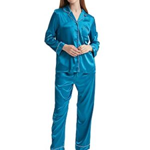 Honypove Silk Pajamas for Women Long Sleeve Satin Womens Pajama Sets Two-piece Button-Down Sleepwear Pjs (Small, Green)