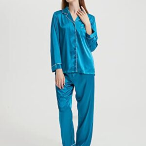 Honypove Silk Pajamas for Women Long Sleeve Satin Womens Pajama Sets Two-piece Button-Down Sleepwear Pjs (Small, Green)