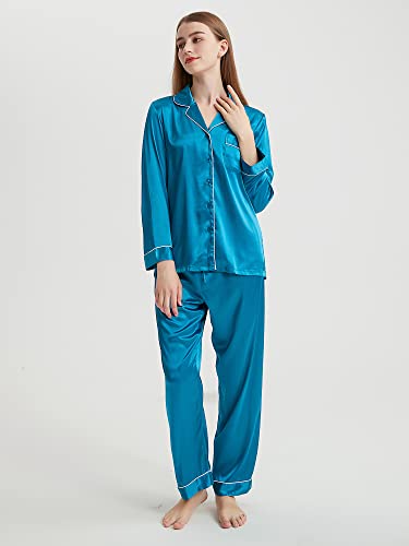 Honypove Silk Pajamas for Women Long Sleeve Satin Womens Pajama Sets Two-piece Button-Down Sleepwear Pjs (Small, Green)