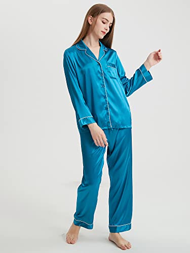 Honypove Silk Pajamas for Women Long Sleeve Satin Womens Pajama Sets Two-piece Button-Down Sleepwear Pjs (Small, Green)