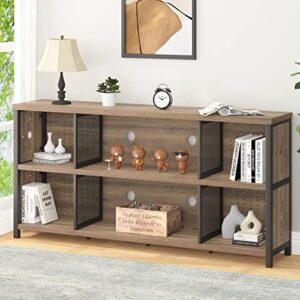 LVB Industrial Horizontal Bookshelf, 4 5 6 7 8 Cube Storage Organizer Bookcase, Modern Wide Large Book Shelf for Bedroom Living Room, Rustic Low Long Wood Metal Office Cubby Shelf, Rustic Oak, 63 Inch