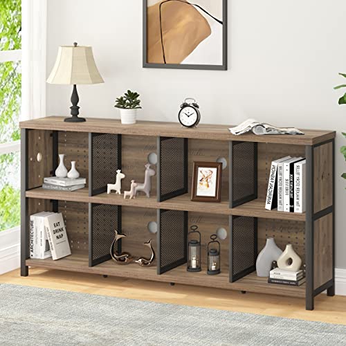 LVB Industrial Horizontal Bookshelf, 4 5 6 7 8 Cube Storage Organizer Bookcase, Modern Wide Large Book Shelf for Bedroom Living Room, Rustic Low Long Wood Metal Office Cubby Shelf, Rustic Oak, 63 Inch