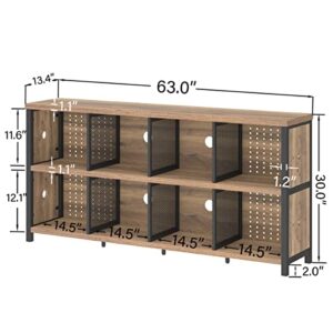 LVB Industrial Horizontal Bookshelf, 4 5 6 7 8 Cube Storage Organizer Bookcase, Modern Wide Large Book Shelf for Bedroom Living Room, Rustic Low Long Wood Metal Office Cubby Shelf, Rustic Oak, 63 Inch