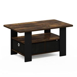 furinno andrey coffee table with bin drawer, amber pine/black small non-lift top
