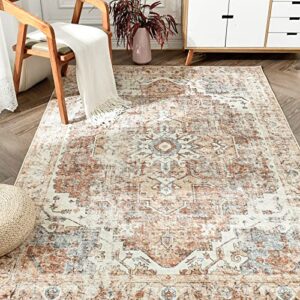 jinchan persian vintage area rug 5x7 indoor floor cover print distressed carpet brick red multi thin rug chenille mat foldable accent rug lightweight kitchen living room bedroom dining room