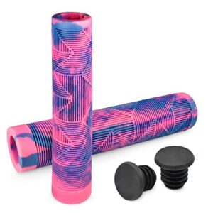 marque mtb bmx scooter grips - flangeless handlebar bicycle grips for flat straight bars like bmx, mtb, scooter; 140 mm of non-slip grip to match any bike or scooter (pink fusion)