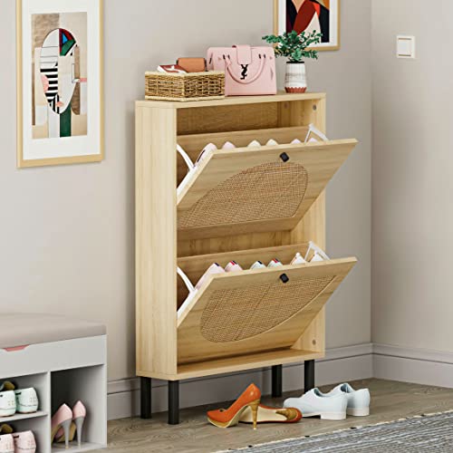 SSLine Shoe Cabinet with Flip Down Storage Shelves Free-Standing Shoe Rack Rustic Wood Shoe Storage Organizer with Unique Rattan Decor for Entryway Hallway Doorway