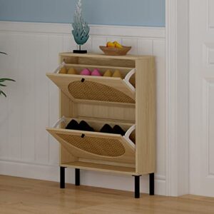 SSLine Shoe Cabinet with Flip Down Storage Shelves Free-Standing Shoe Rack Rustic Wood Shoe Storage Organizer with Unique Rattan Decor for Entryway Hallway Doorway