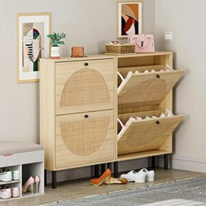 SSLine Shoe Cabinet with Flip Down Storage Shelves Free-Standing Shoe Rack Rustic Wood Shoe Storage Organizer with Unique Rattan Decor for Entryway Hallway Doorway