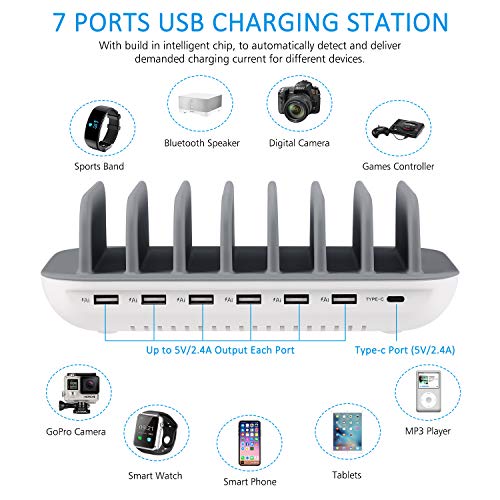 PRITEK 7 USB Charging Station for Enabled Electronics with 7pcs Short Cables, Desktop Charger Docking Compatible Cell Phones, Tablets, Smart Watch, Kindle and Other Devices (FAC-121A)