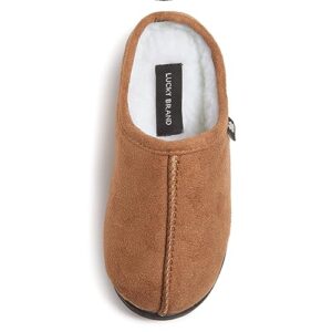 lucky brand boys memory foam microsuede sherpa clog slippers, fuzzy non slip indoor outdoor house shoes, kids bedroom clogs, tan, size 13