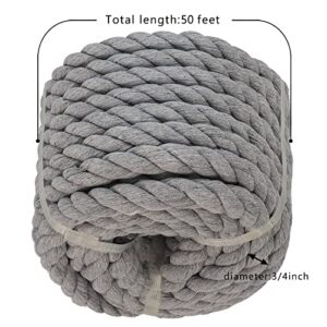 Gray Cotton Rope (3/4in x 50 ft) Strong Twisted Rope for DIY Crafts Gardening Hammock Home Decorating