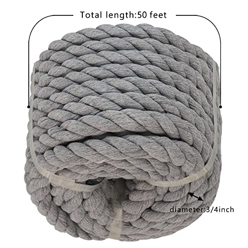 Gray Cotton Rope (3/4in x 50 ft) Strong Twisted Rope for DIY Crafts Gardening Hammock Home Decorating