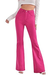 sweatyrocks women's casual denim pants heart print high waist stretchy bell bottom flared jeans hot pink s