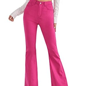 SweatyRocks Women's Casual Denim Pants Heart Print High Waist Stretchy Bell Bottom Flared Jeans Hot Pink S