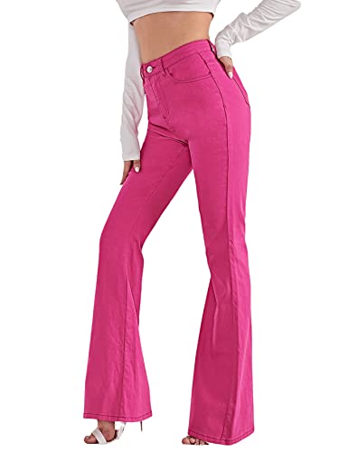 SweatyRocks Women's Casual Denim Pants Heart Print High Waist Stretchy Bell Bottom Flared Jeans Hot Pink S