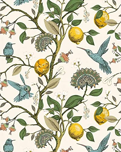 Meihodan Blue Bird Self Adhesive Wallpaper Fresh Lemon Tree Peel and Stick Wallpaper Removable Waterproof Prepasted Wallpaper Wall Mural 17.7in x 9.8ft