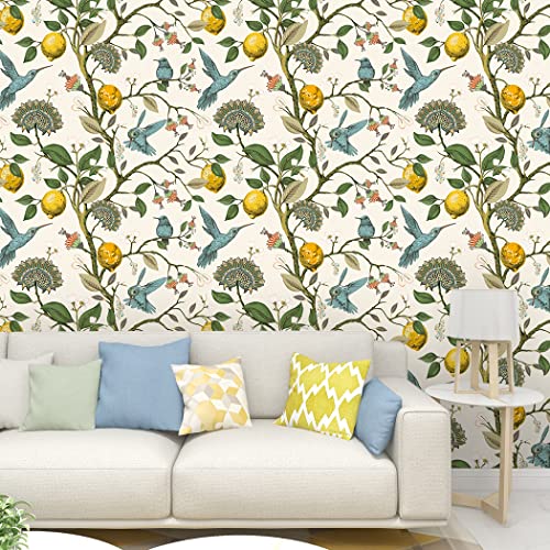 Meihodan Blue Bird Self Adhesive Wallpaper Fresh Lemon Tree Peel and Stick Wallpaper Removable Waterproof Prepasted Wallpaper Wall Mural 17.7in x 9.8ft