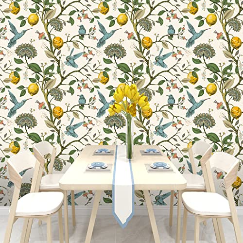 Meihodan Blue Bird Self Adhesive Wallpaper Fresh Lemon Tree Peel and Stick Wallpaper Removable Waterproof Prepasted Wallpaper Wall Mural 17.7in x 9.8ft