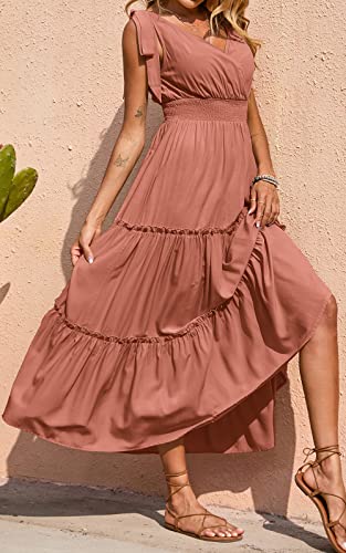 PRETTYGARDEN Women's Cross Neck Summer Sleeveless Tiered Maxi Dress Beach Tie Strap Smocked Long Dresses Pleated Sundress (Nude Pink,Medium)