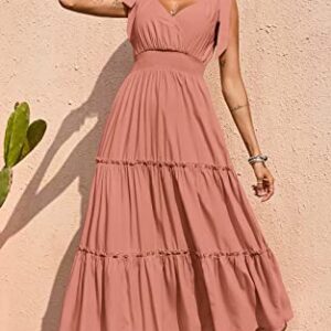 PRETTYGARDEN Women's Cross Neck Summer Sleeveless Tiered Maxi Dress Beach Tie Strap Smocked Long Dresses Pleated Sundress (Nude Pink,Medium)