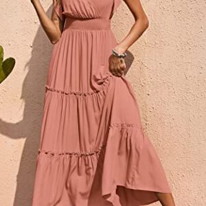 PRETTYGARDEN Women's Cross Neck Summer Sleeveless Tiered Maxi Dress Beach Tie Strap Smocked Long Dresses Pleated Sundress (Nude Pink,Medium)