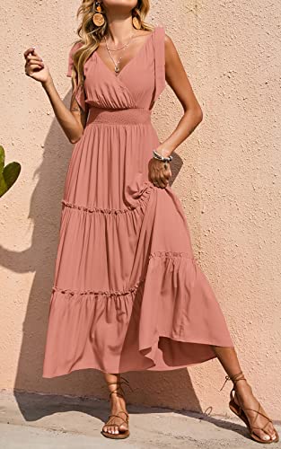 PRETTYGARDEN Women's Cross Neck Summer Sleeveless Tiered Maxi Dress Beach Tie Strap Smocked Long Dresses Pleated Sundress (Nude Pink,Medium)