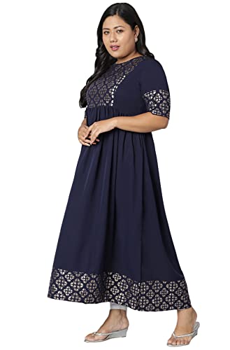 Janasya Indian Women's Plus Size Dark Blue Poly Crepe Kurta(PJNE3363-KR-A-5XL)