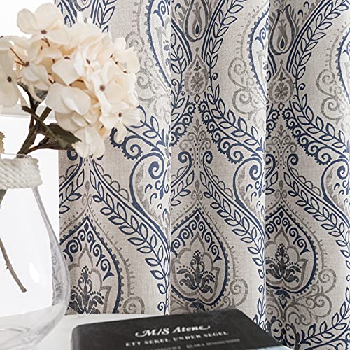 jinchan Linen Textured Curtains for Living Room Darkening 108 Inches Long, Medallion Drapes for Bedroom, Damask Pattern Window Treatments Vintage Curtain Panels, 2 Panels Blue on Griege