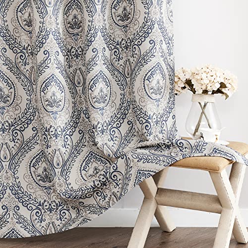 jinchan Linen Textured Curtains for Living Room Darkening 108 Inches Long, Medallion Drapes for Bedroom, Damask Pattern Window Treatments Vintage Curtain Panels, 2 Panels Blue on Griege