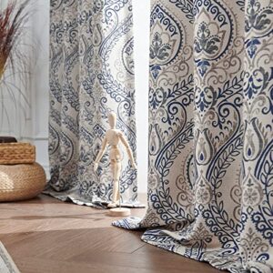 jinchan Linen Textured Curtains for Living Room Darkening 108 Inches Long, Medallion Drapes for Bedroom, Damask Pattern Window Treatments Vintage Curtain Panels, 2 Panels Blue on Griege