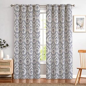 jinchan Linen Textured Curtains for Living Room Darkening 108 Inches Long, Medallion Drapes for Bedroom, Damask Pattern Window Treatments Vintage Curtain Panels, 2 Panels Blue on Griege