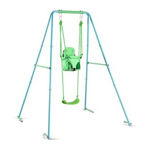 kiriner swing set outdoor swings for kids toddlers with waterproof metal a-frame, 4 anchors, two swing seats swing sets for backyard playground 2-in-1 swing set