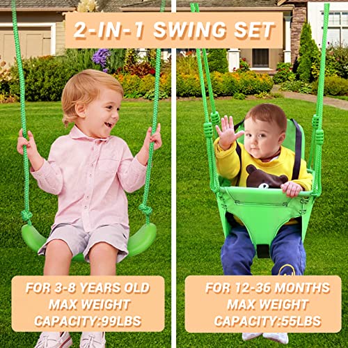 Kiriner Swing Set Outdoor Swings for Kids Toddlers with Waterproof Metal A-Frame, 4 Anchors, Two Swing Seats Swing Sets for Backyard Playground 2-in-1 Swing Set